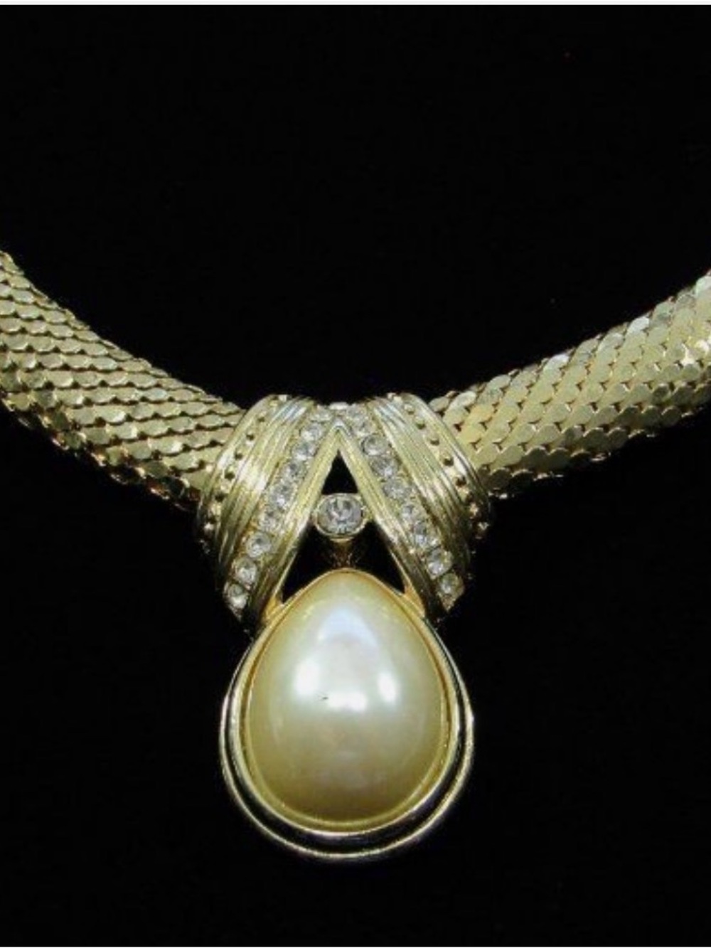 Whiting & Davis Gold Tone Mesh Necklace with Pearl Drop - Picture 2 of 6